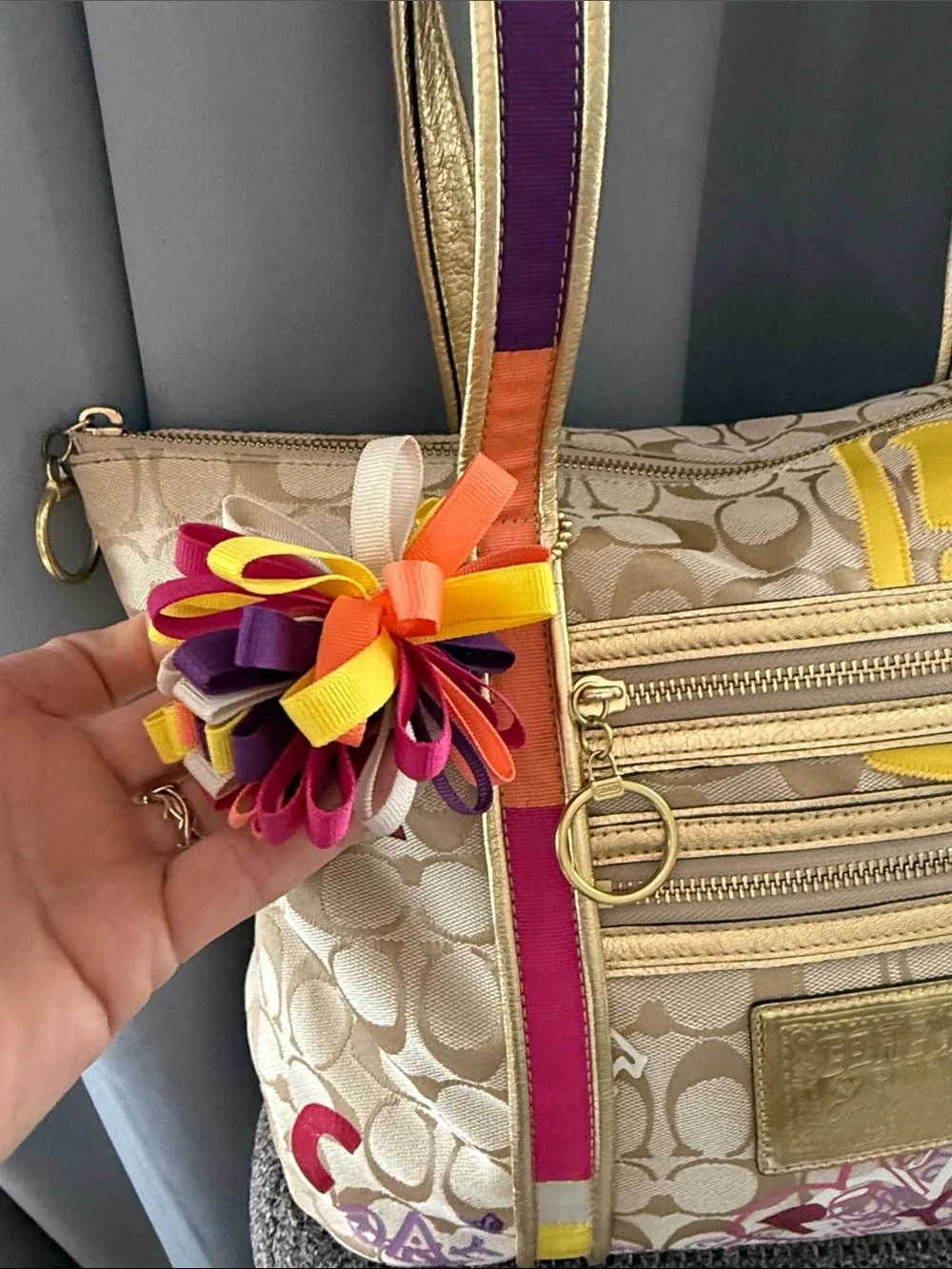 Coach POPPY Beige Signature Floral Tote with Multicolor Accents - Picture 3 of 17